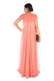 Hand Embroidered Coral Mirco Pleated Flare Gown With Jacket