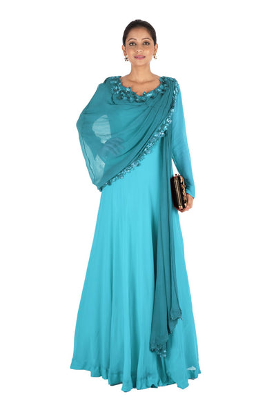 Hand Embroidered Cerulean Blue Flare Gown With Attahed Dupatta Saris and Things Hand Embroidered Cerulean Blue Flare Gown With Attahed Dupatta Saris and Things