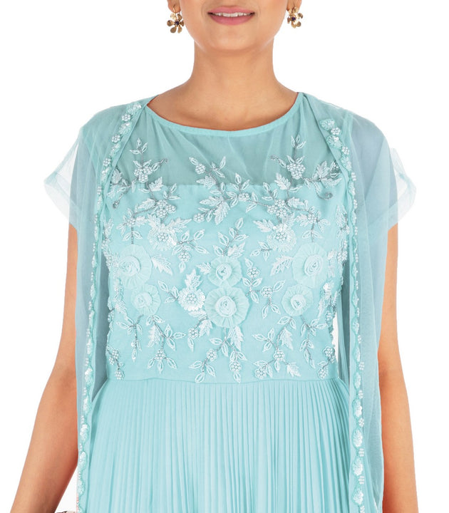 Hand Embroidered Powder Blue Mirco Pleated Flare Gown With Jacket