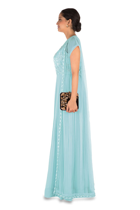 Hand Embroidered Powder Blue Mirco Pleated Flare Gown With Jacket