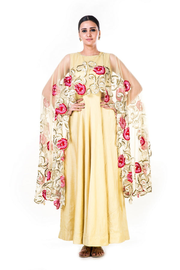 Embroidered Yellow Gown With A Floral Work Cape