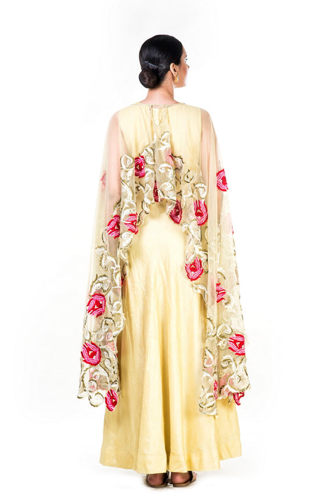 Embroidered Yellow Gown With A Floral Work Cape