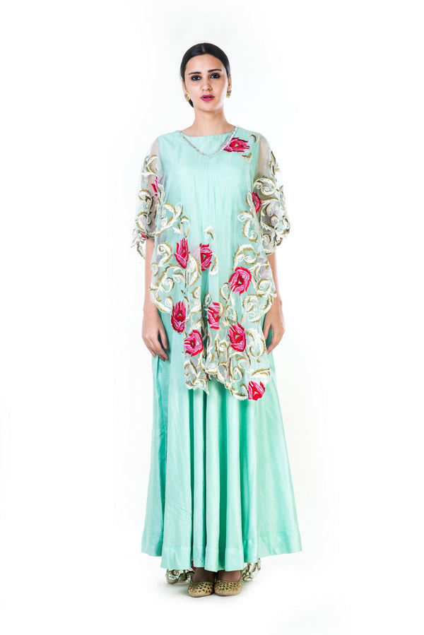 Embroidered Firozi Gown With A Floral Work Cape