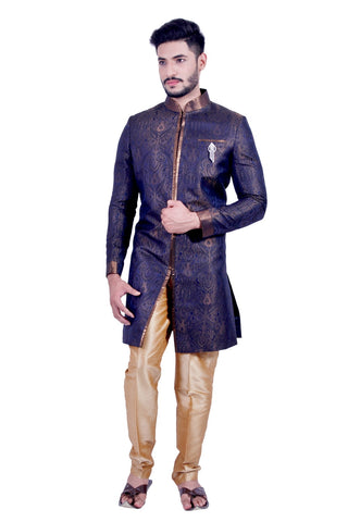 Image Title Denim Blue and Gold Indian Wedding Indo-Western Sherwani for Men