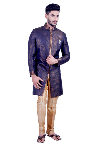 Image Title Denim Blue and Gold Indian Wedding Indo-Western Sherwani for Men
