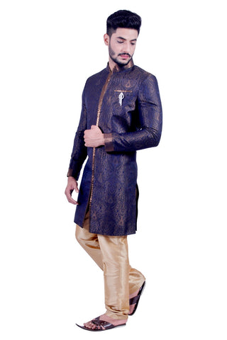 Image Title Denim Blue and Gold Indian Wedding Indo-Western Sherwani for Men