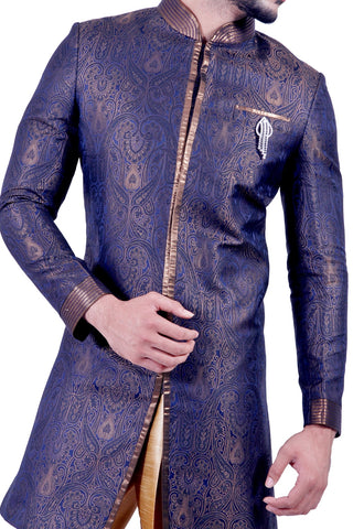 Image Title Denim Blue and Gold Indian Wedding Indo-Western Sherwani for Men