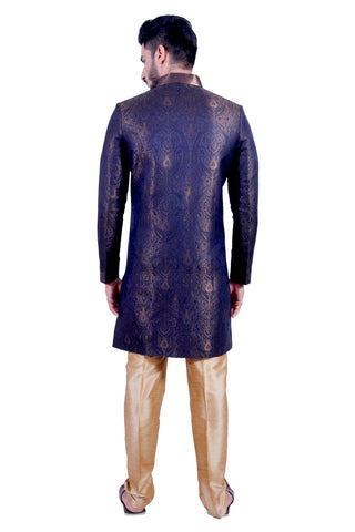 Image Title Denim Blue and Gold Indian Wedding Indo-Western Sherwani for Men