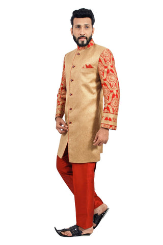 Image Title Natural Jute and Maroon Indian Wedding Indo-Western Sherwani for Men