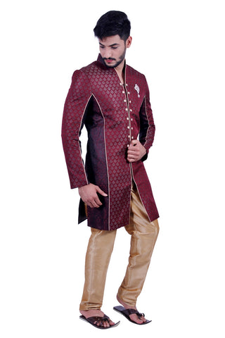 Image Title Wine and Black Indian Festive Occasion Indo-Western Sherwani for Men