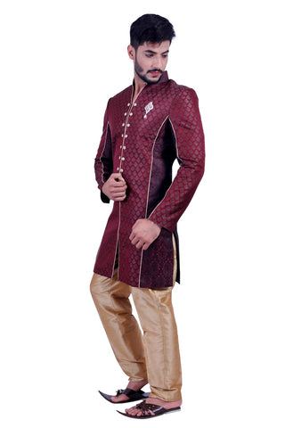 Image Title Wine and Black Indian Festive Occasion Indo-Western Sherwani for Men