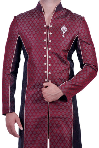 Image Title Wine and Black Indian Festive Occasion Indo-Western Sherwani for Men