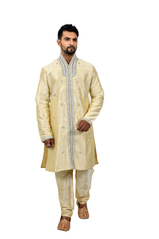 Image Title Cream Silk Traditional Indian Wedding Indo-Western Sherwani for Men