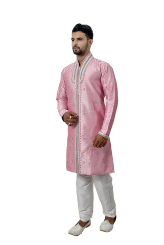 Image Title Cameo Pink Silk Traditional Indian Wedding Indo-Western Sherwani for Men