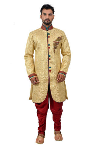 Image Title Golden Zari Brocade Silk Traditional Indian Wedding Indo-Western Sherwani for Men