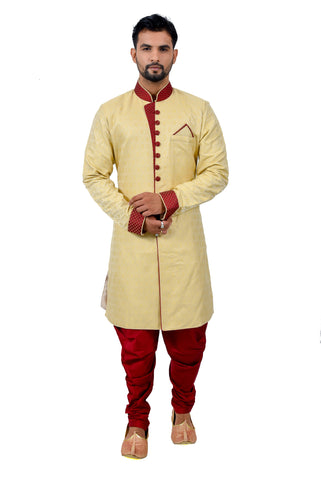 Image Title Golden Katan Stepal Brocade Silk Traditional Indian Wedding Indo-Western Sherwani for Men