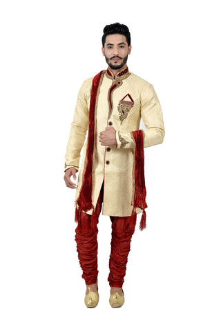 Image Title Cream Zari Brocade Silk Traditional Indian Wedding Indo-Western Sherwani for Men