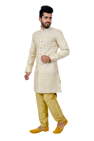 Image Title Cream Brocade Silk Traditional Indian Wedding Indo-Western Sherwani for Men