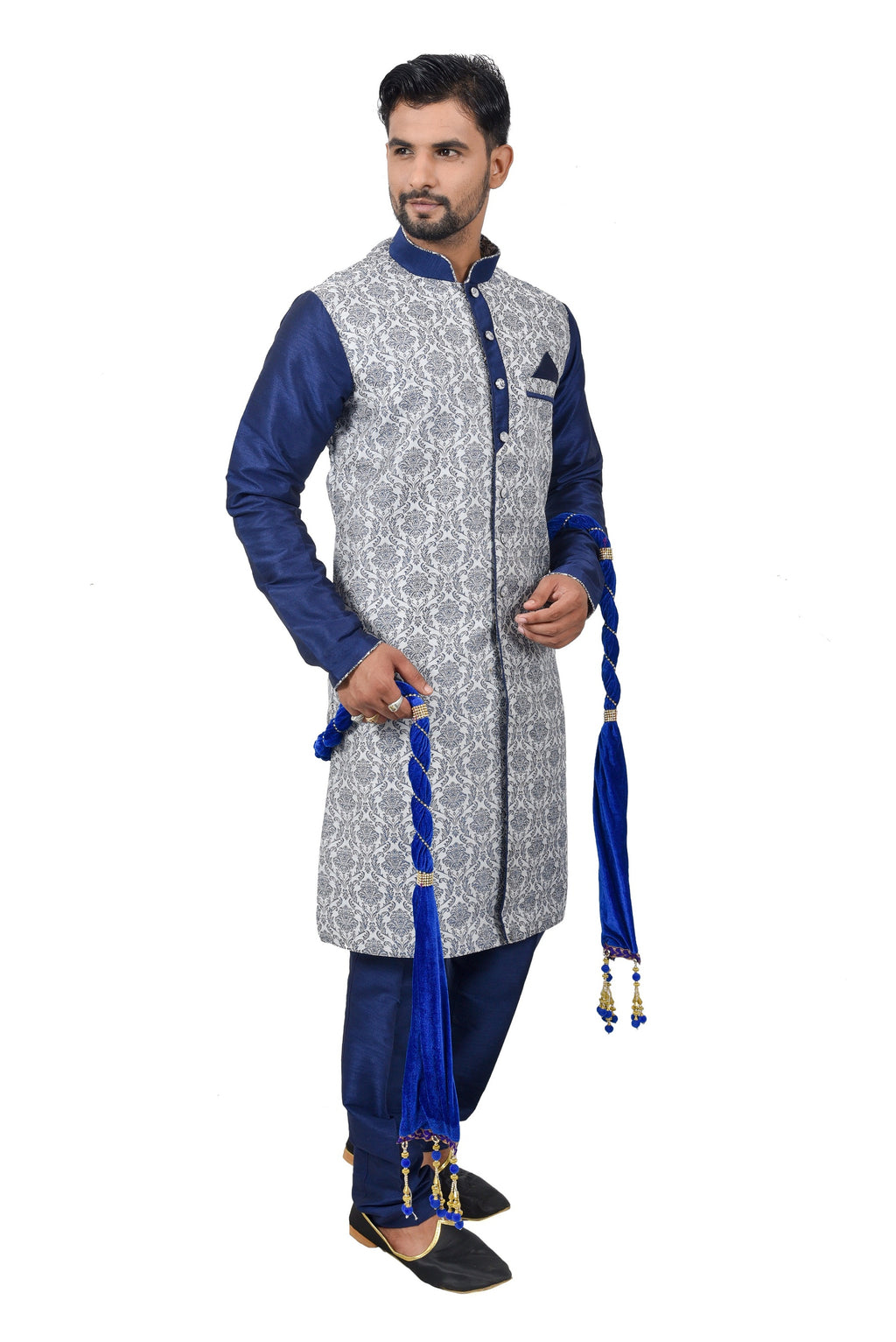 Image Title Blue Cotton Brocade Silk Traditional Indian Wedding Indo-Western Sherwani for Men