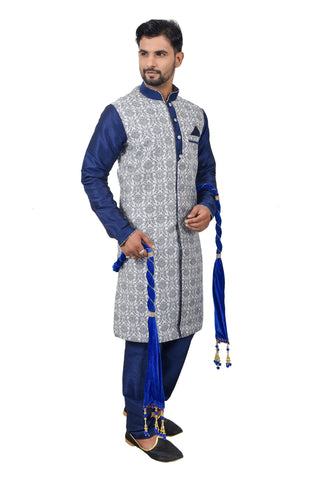 Image Title Blue Cotton Brocade Silk Traditional Indian Wedding Indo-Western Sherwani for Men