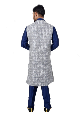 Image Title Blue Cotton Brocade Silk Traditional Indian Wedding Indo-Western Sherwani for Men