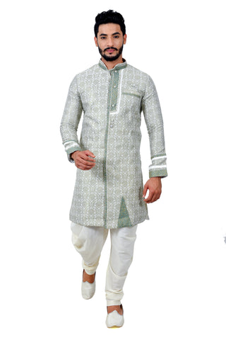Image Title Sea Green Cotton Brocade Silk Traditional Indian Wedding Indo-Western Sherwani for Men