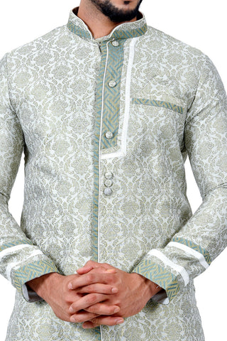 Image Title Sea Green Cotton Brocade Silk Traditional Indian Wedding Indo-Western Sherwani for Men