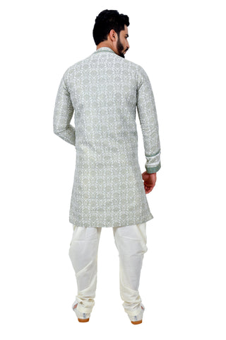 Image Title Sea Green Cotton Brocade Silk Traditional Indian Wedding Indo-Western Sherwani for Men