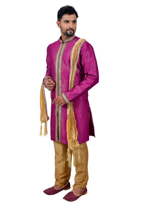 Neonpurple Silk Traditional Indian Wedding Indo-Western Sherwani for Men