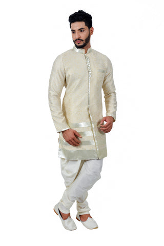 Image Title Cream Cotton Brocade Silk Traditional Indian Wedding Indo-Western Sherwani for Men
