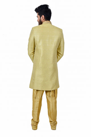 Image Title Buff Zari Brocade Silk Traditional Indian Wedding Indo-Western Sherwani for Men