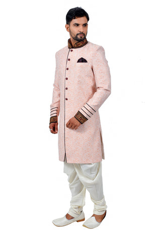 Image Title Salmon Cotton Brocade Silk Traditional Indian Wedding Indo-Western Sherwani for Men