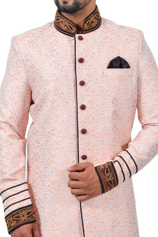 Image Title Salmon Cotton Brocade Silk Traditional Indian Wedding Indo-Western Sherwani for Men