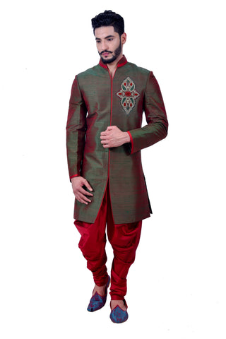 Image Title Deep Jungle Green Silk Traditional Indian Wedding Indo-Western Sherwani for Men