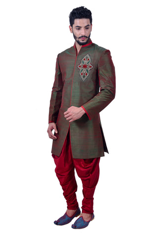 Image Title Deep Jungle Green Silk Traditional Indian Wedding Indo-Western Sherwani for Men