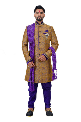 Image Title Camel Juti Brocade Silk Traditional Indian Wedding Indo-Western Sherwani for Men