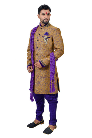 Image Title Camel Juti Brocade Silk Traditional Indian Wedding Indo-Western Sherwani for Men