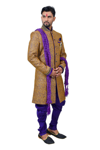 Image Title Camel Juti Brocade Silk Traditional Indian Wedding Indo-Western Sherwani for Men