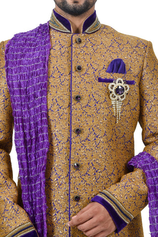 Image Title Camel Juti Brocade Silk Traditional Indian Wedding Indo-Western Sherwani for Men