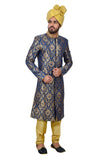 Blue Kinkhab Brocade Silk Traditional Indian Wedding Indo-Western Sherwani for Men