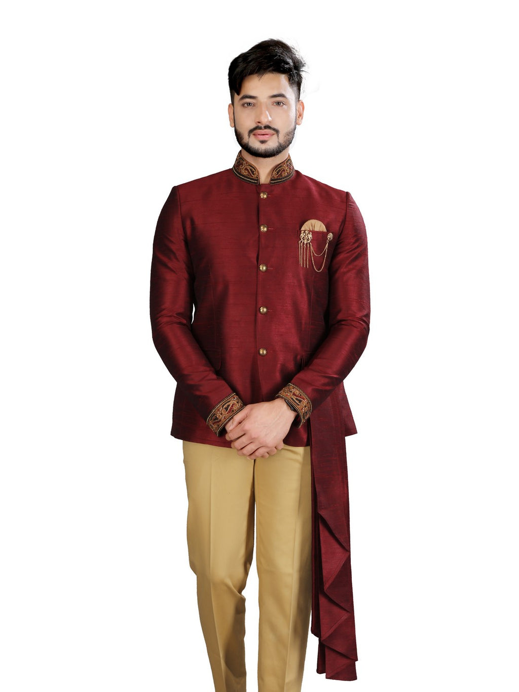 Image Title Royal Maroon Silk Side Draped Designer Look Wedding Jodhpuri Printed Indian Suit Set For Men - RK3086SNT