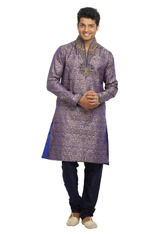 Image Title Tan Blue High Neck Indian Wedding Kurta Pajama Sherwani - Indian Ethnic Wear for Men