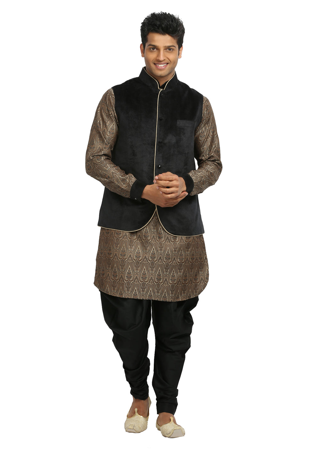 Image Title Men's Sandstone & Black Wedding Kurta Pajama with Jacket