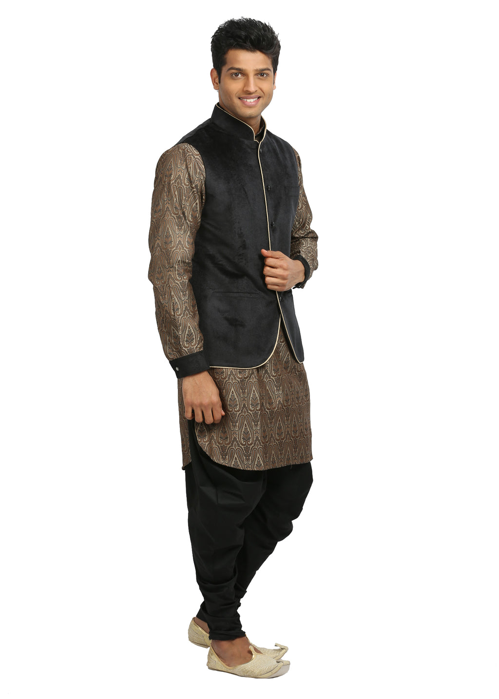 Image Title Men's Sandstone & Black Wedding Kurta Pajama with Jacket