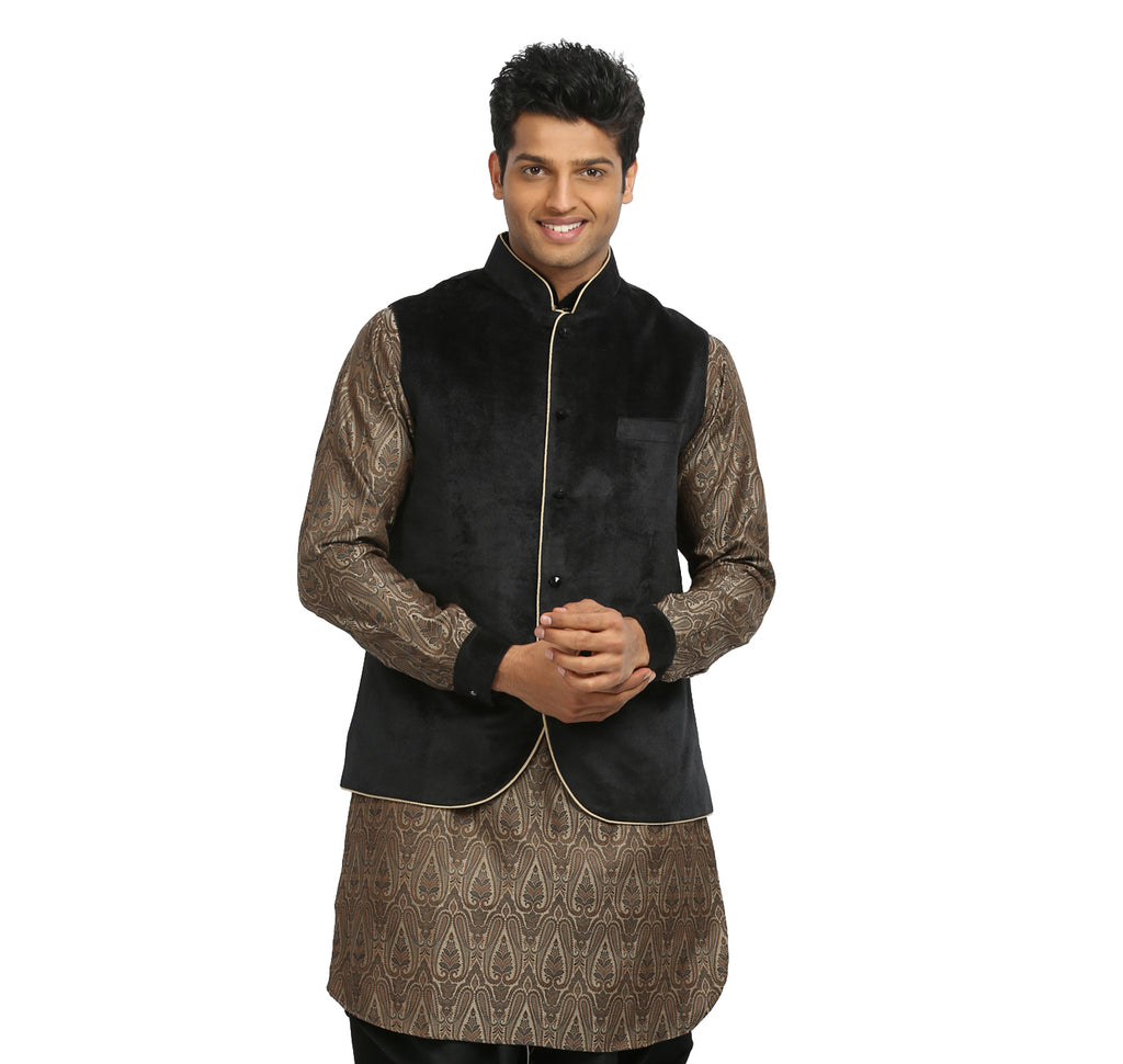 Image Title Men's Sandstone & Black Wedding Kurta Pajama with Jacket