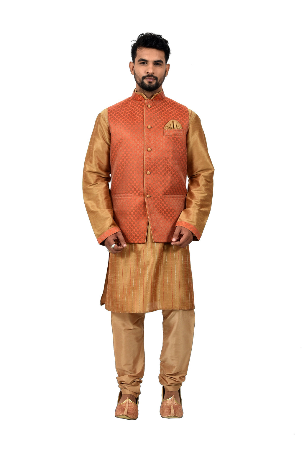 Image Title Indian Traditional Silk Golden Sherwani Kurta Set with Rust Jacket for Men
