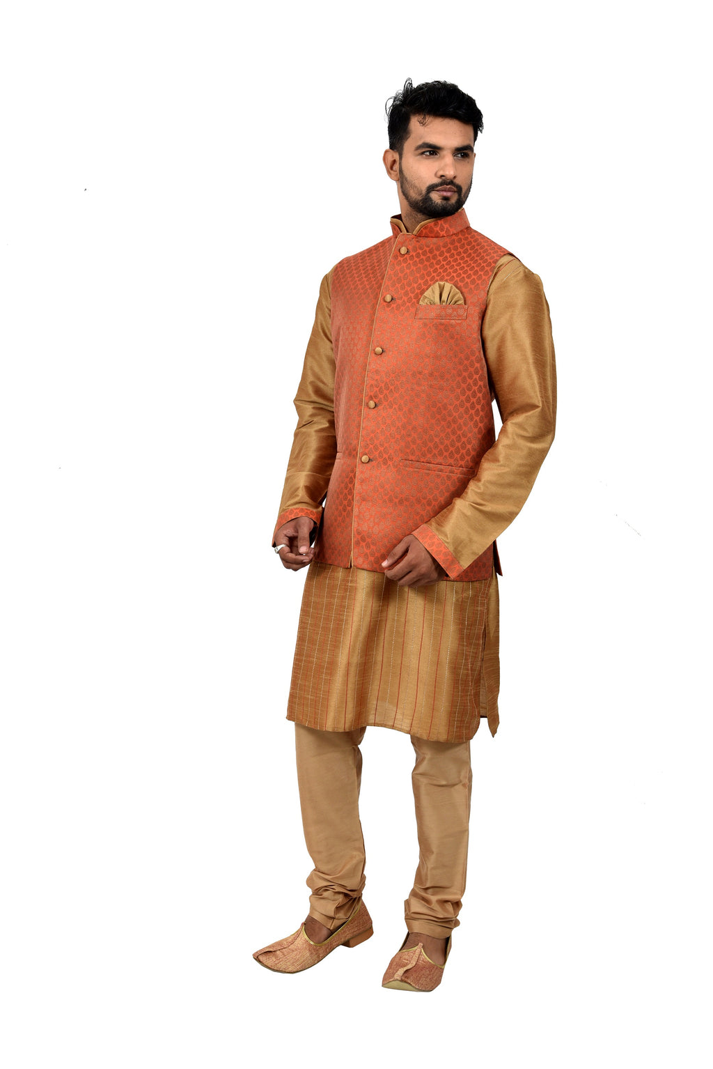Image Title Indian Traditional Silk Golden Sherwani Kurta Set with Rust Jacket for Men