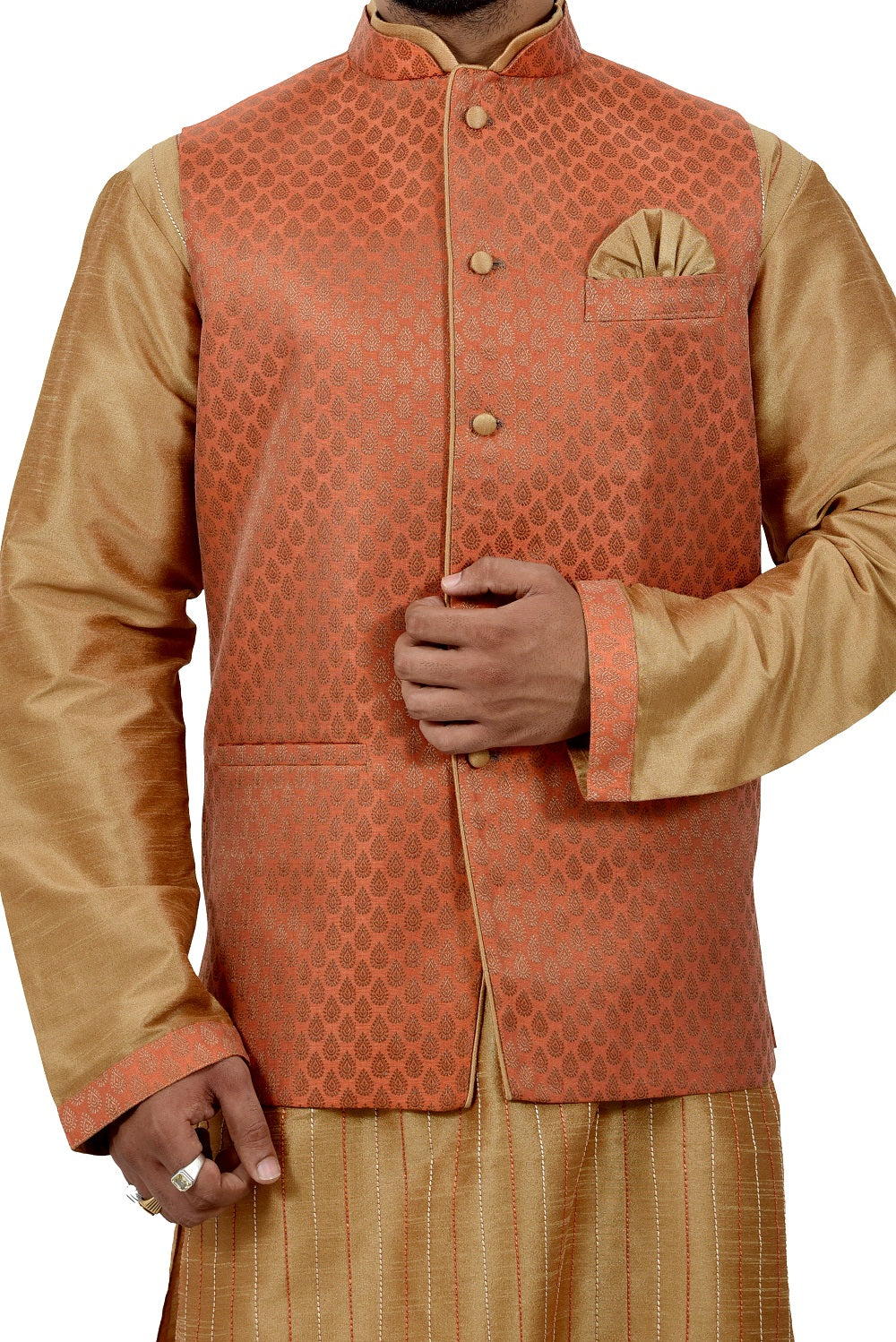 Image Title Indian Traditional Silk Golden Sherwani Kurta Set with Rust Jacket for Men