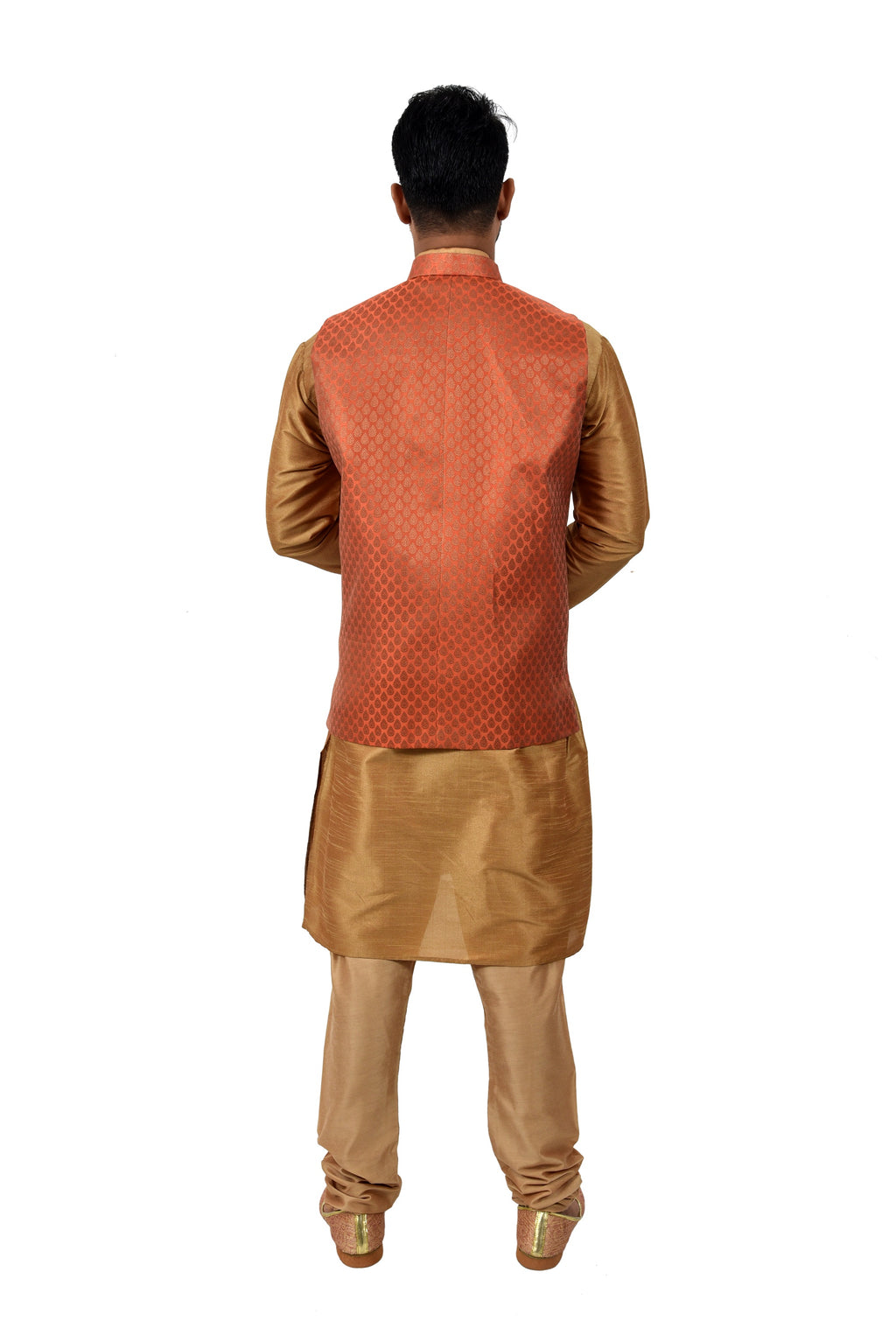 Image Title Indian Traditional Silk Golden Sherwani Kurta Set with Rust Jacket for Men