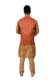 Image Title Indian Traditional Silk Golden Sherwani Kurta Set with Rust Jacket for Men